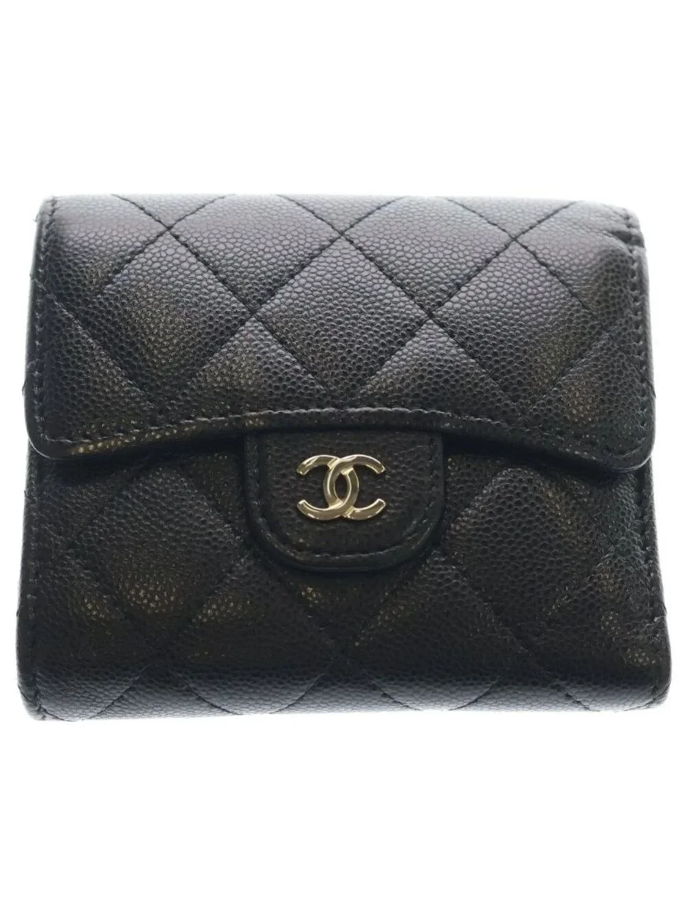 Chanel CC Logo Quilted Caviar Leather Compact Wallet Trifold Black Gold